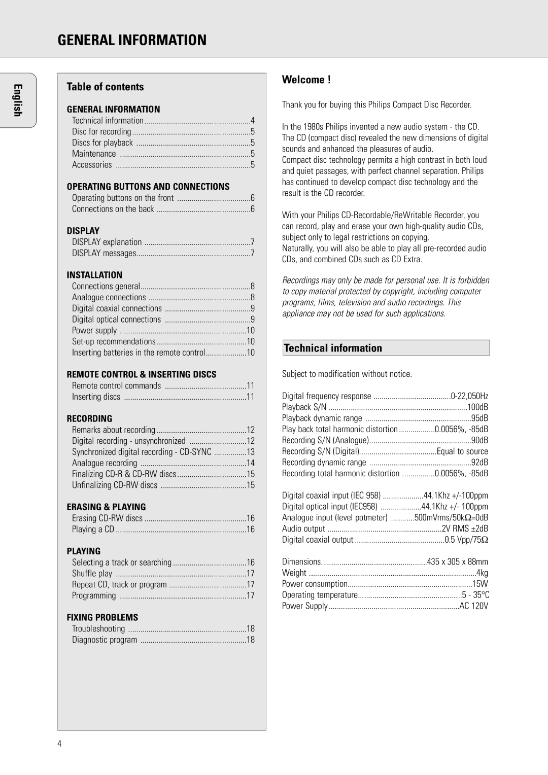 Philips CDR 560, CDR 538 manual English Table of contents, Welcome, Technical information 