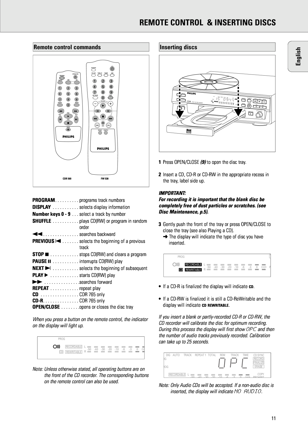 Philips CDR 538, CDR 560 manual Remote Control & Inserting Discs, Remote control commands, Inserting discs, English 