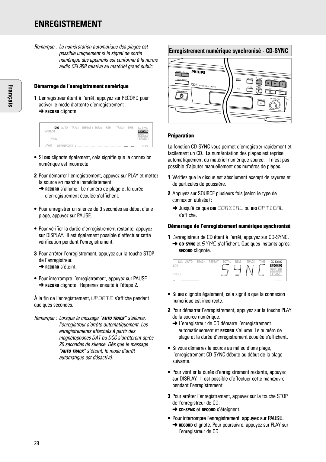Philips CDR 560, CDR 538 manual Démarrage de l’enregistrement numérique, Enregistrement, Français 