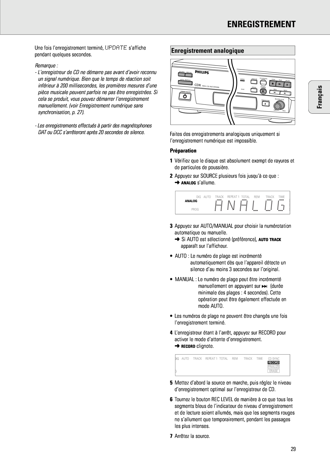 Philips CDR 538, CDR 560 manual Enregistrement analogique, Préparation, Français, Remarque 