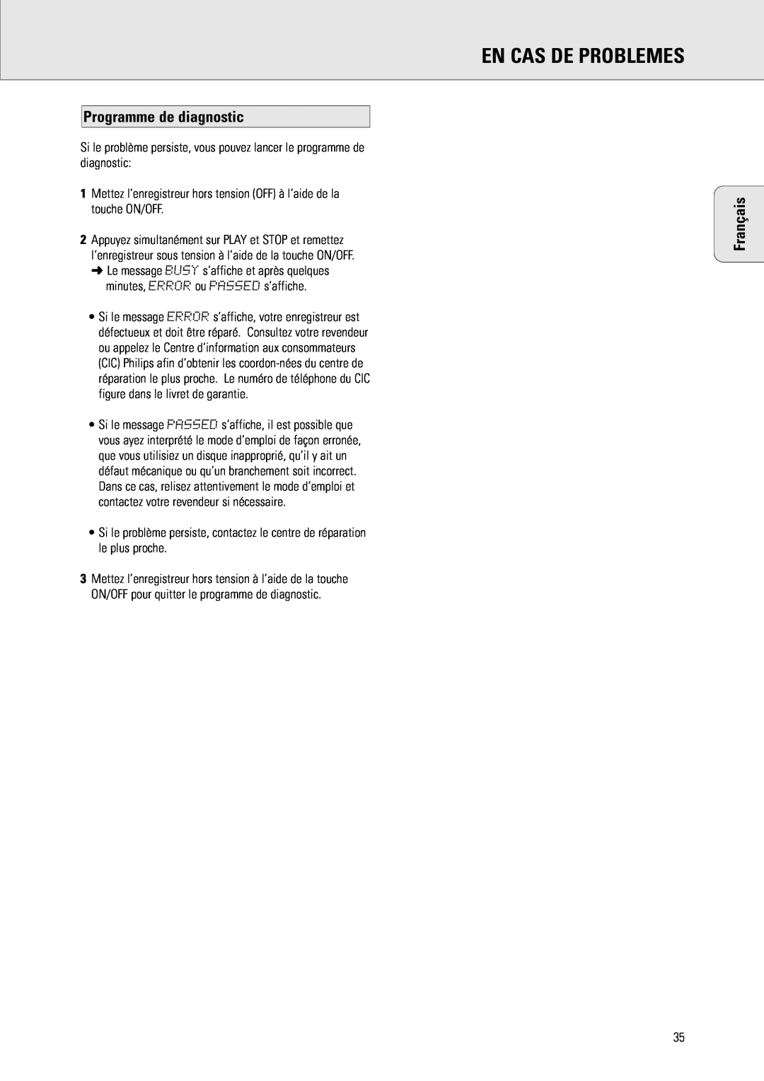 Philips CDR 538, CDR 560 manual Programme de diagnostic, En Cas De Problemes, Français 
