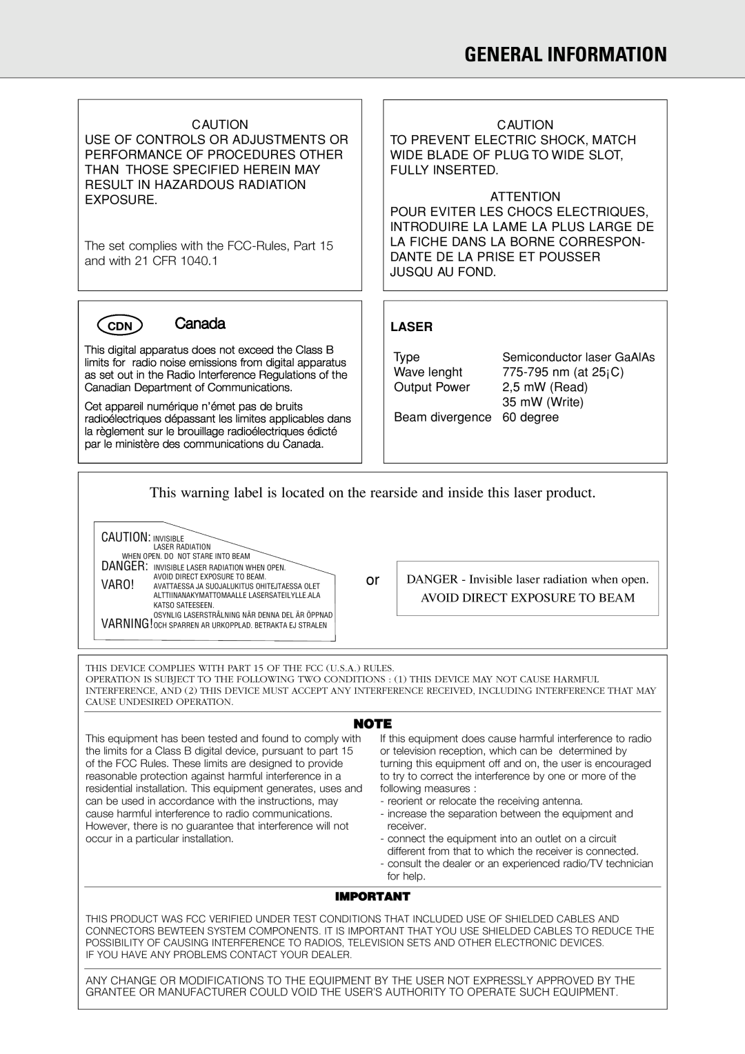 Philips CDR 560, CDR 538 manual General Information, CDN Canada, Laser 