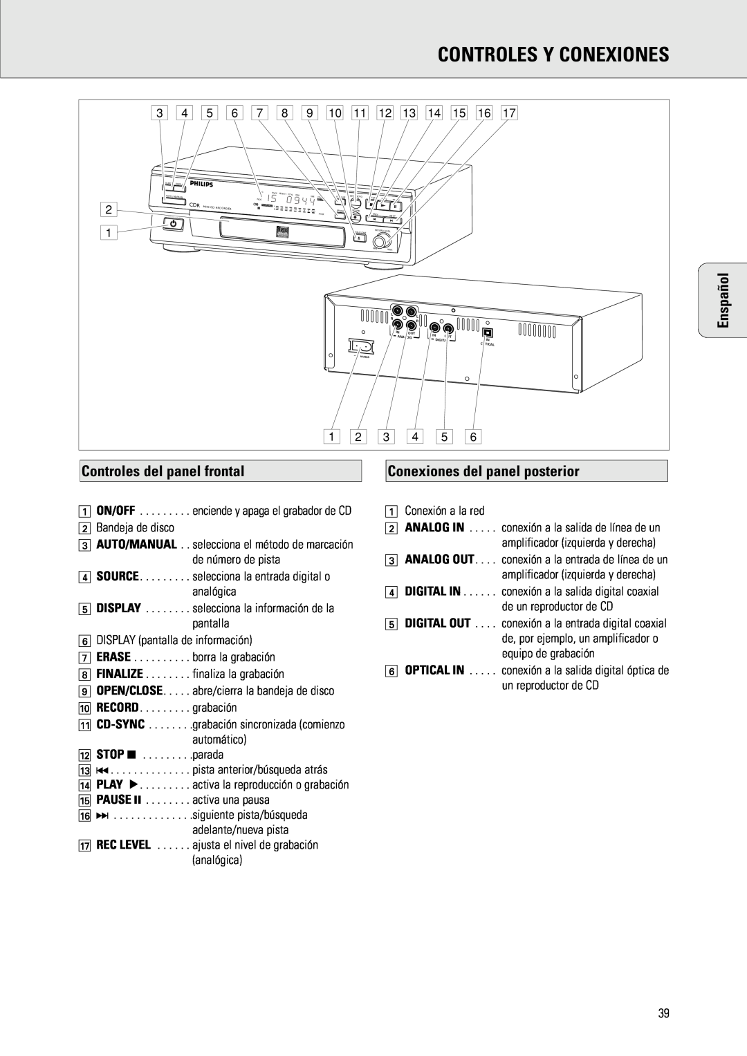 Philips CDR 538, CDR 560 Controles Y Conexiones, Controles del panel frontal, Conexiones del panel posterior, Enspañol 