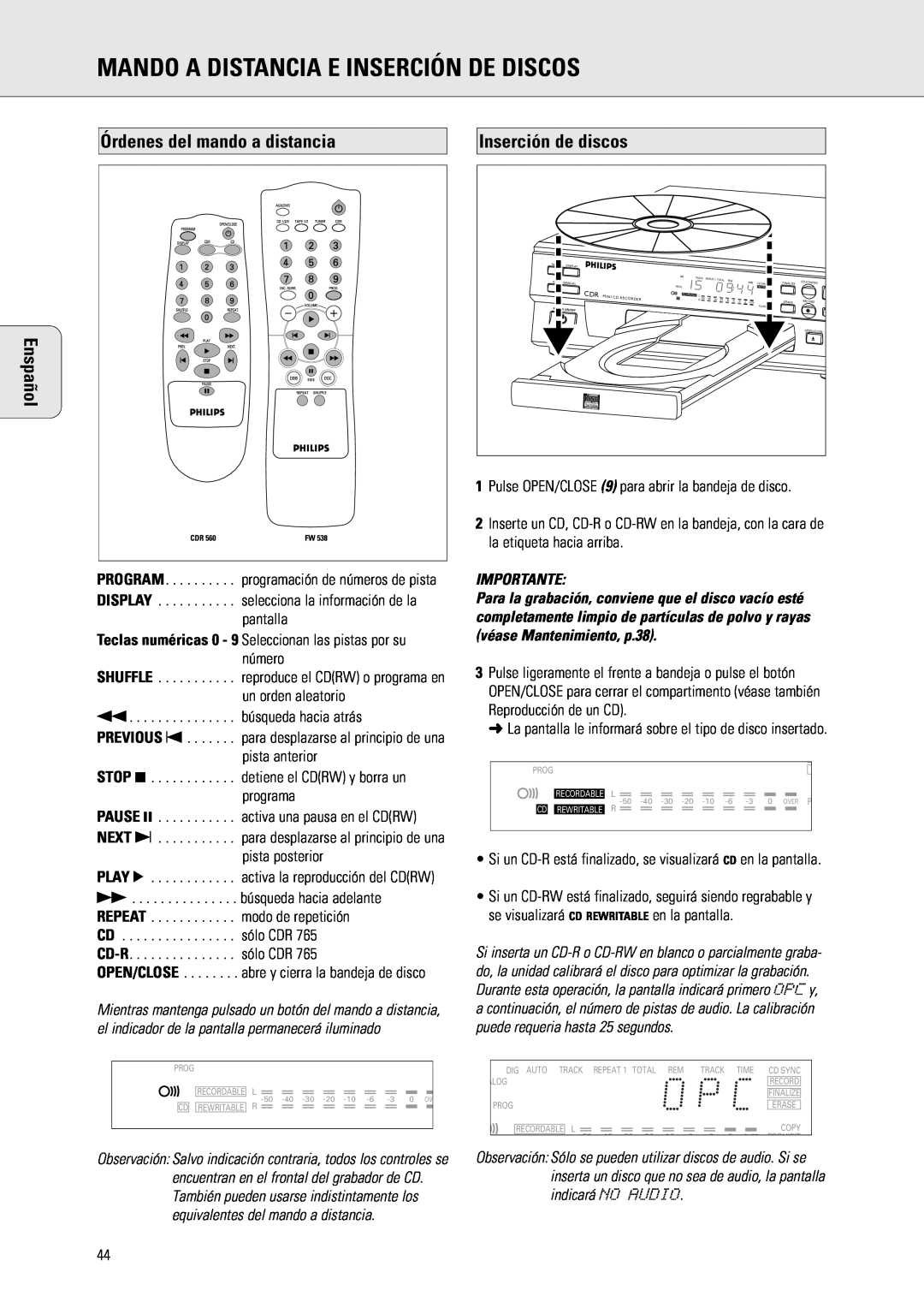 Philips CDR 560 manual Mando A Distancia E Inserción De Discos, Órdenes del mando a distancia Enspañol, Inserción de discos 