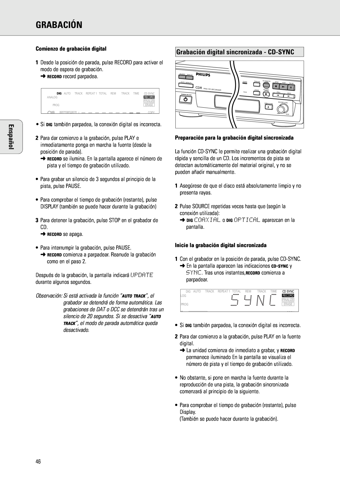 Philips CDR 560, CDR 538 manual Comienzo de grabación digital, Grabación digital sincronizada - CD-SYNC, Enspañol 