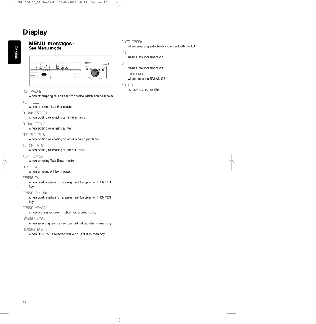 Philips CDR-600 manual Menu messages 