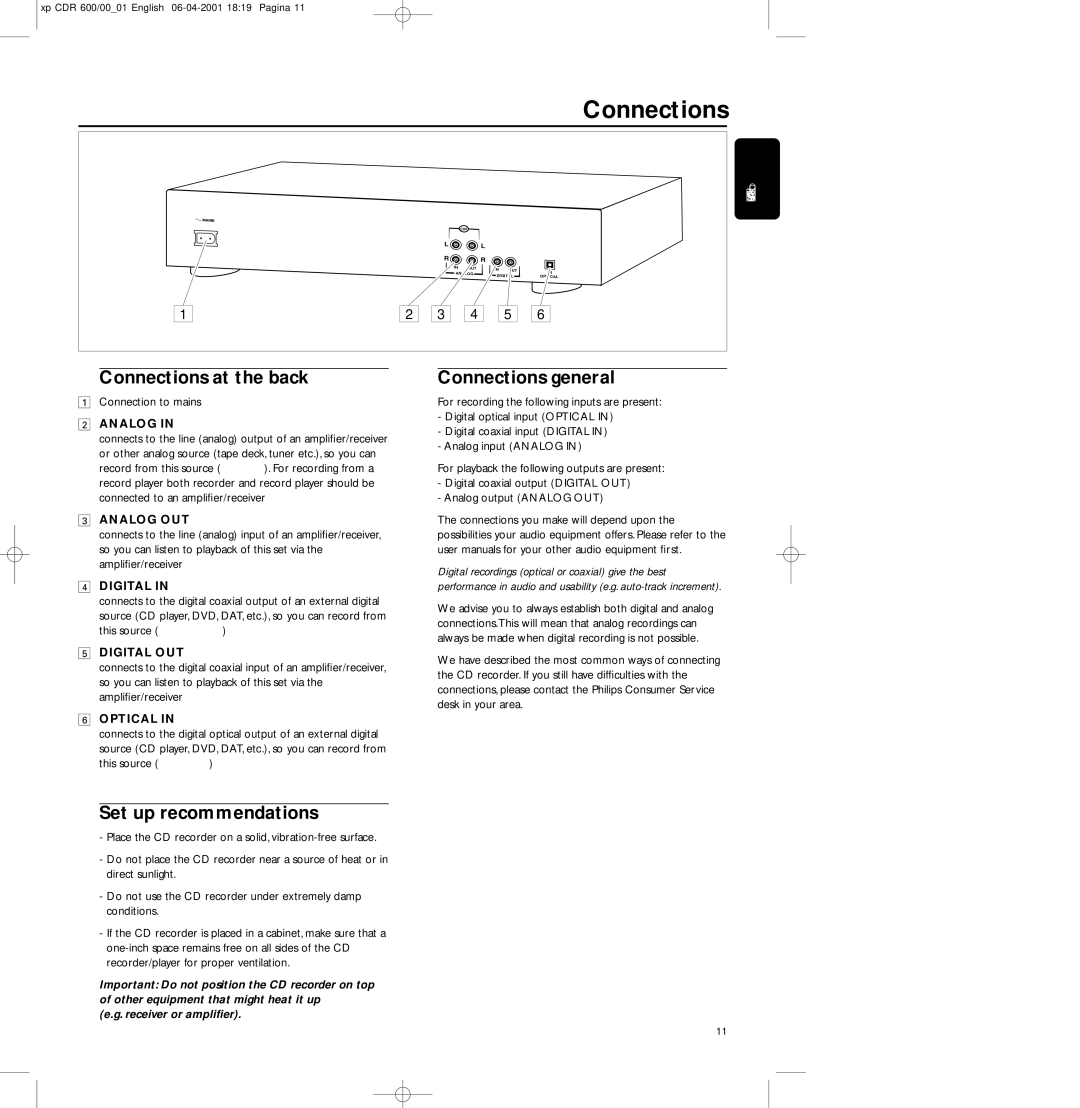 Philips CDR-600 manual Connections at the back, Connections general, Set up recommendations 