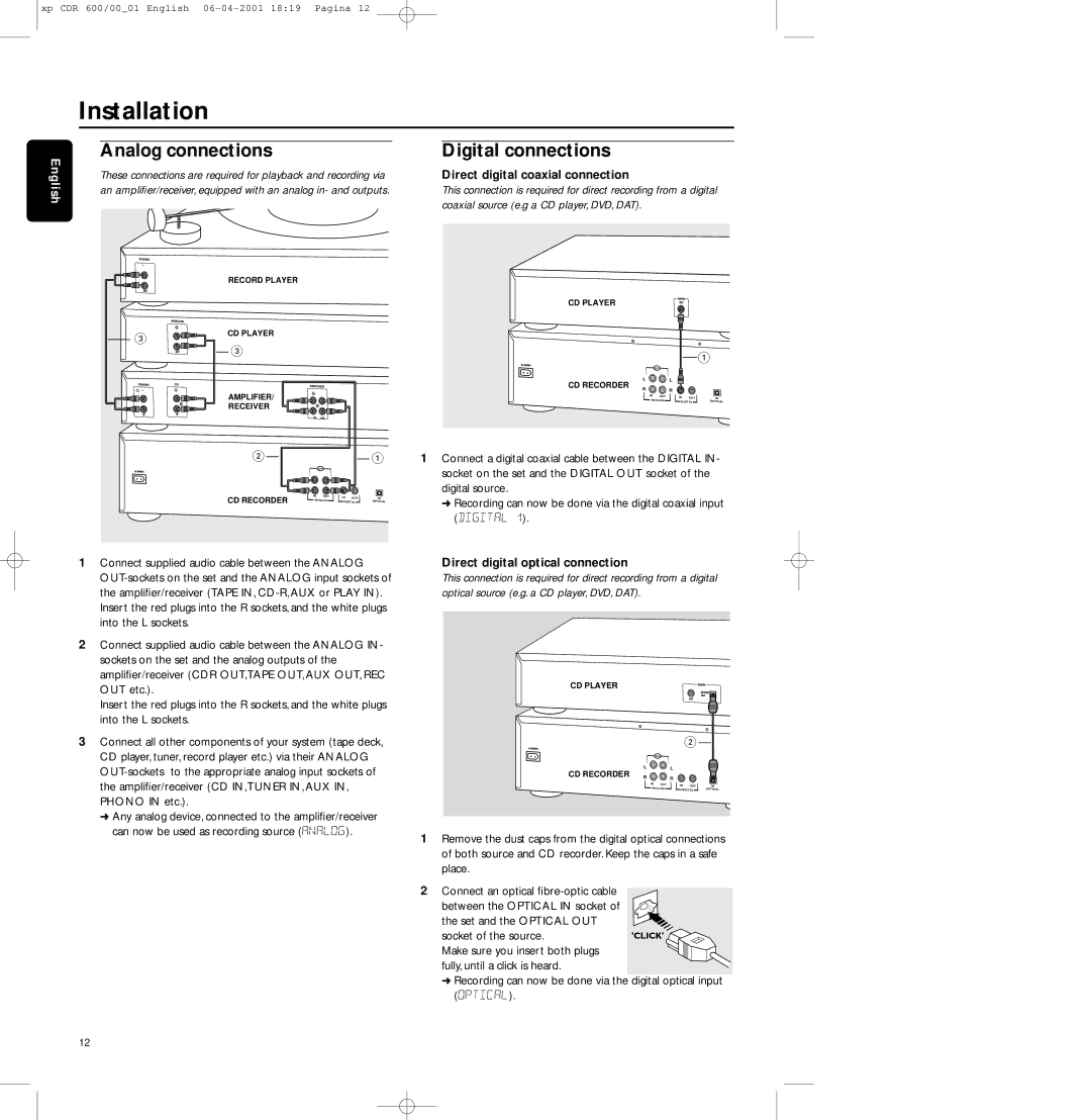 Philips CDR-600 manual Installation, Direct digital coaxial connection, Direct digital optical connection 