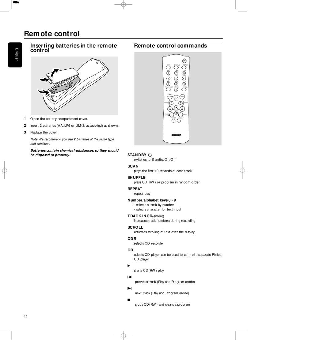 Philips CDR-600 manual Remote control, Standby B, Shuffle, Cdr 