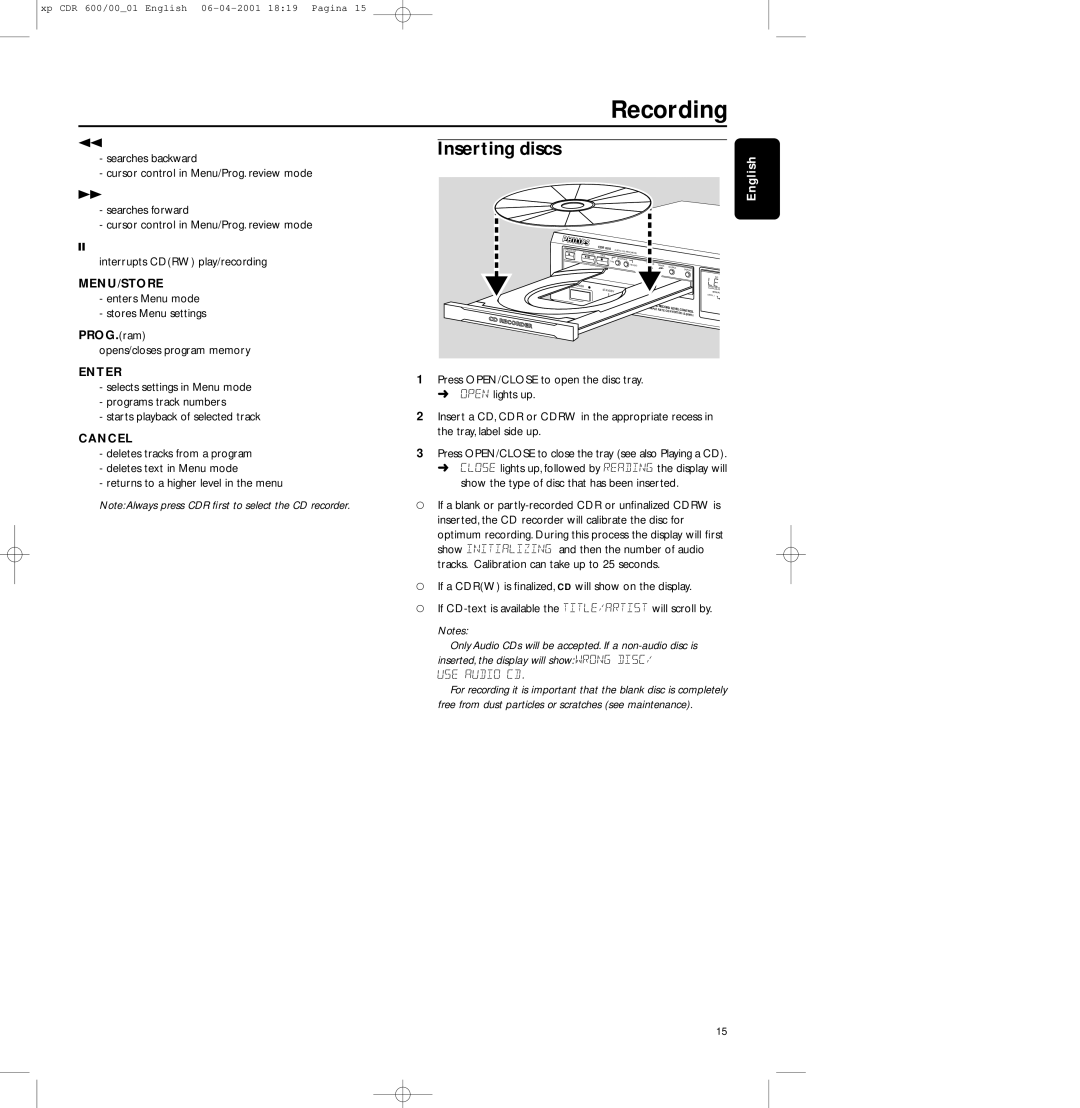 Philips CDR-600 manual Recording, Inserting discs, Menu/Store, Enter, Cancel 
