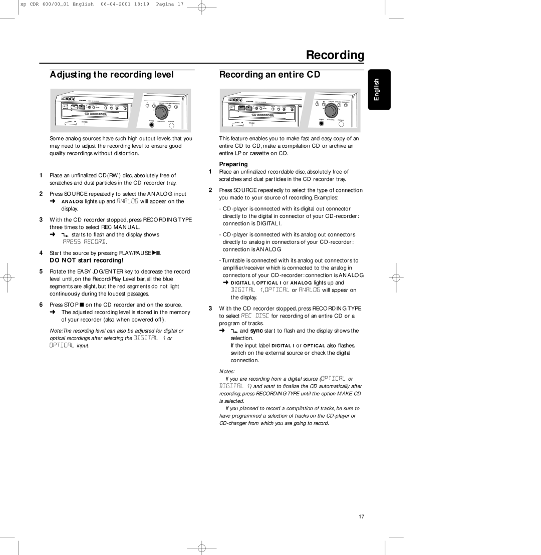 Philips CDR-600 manual Adjusting the recording level, Recording an entire CD, Do not start recording, Preparing 