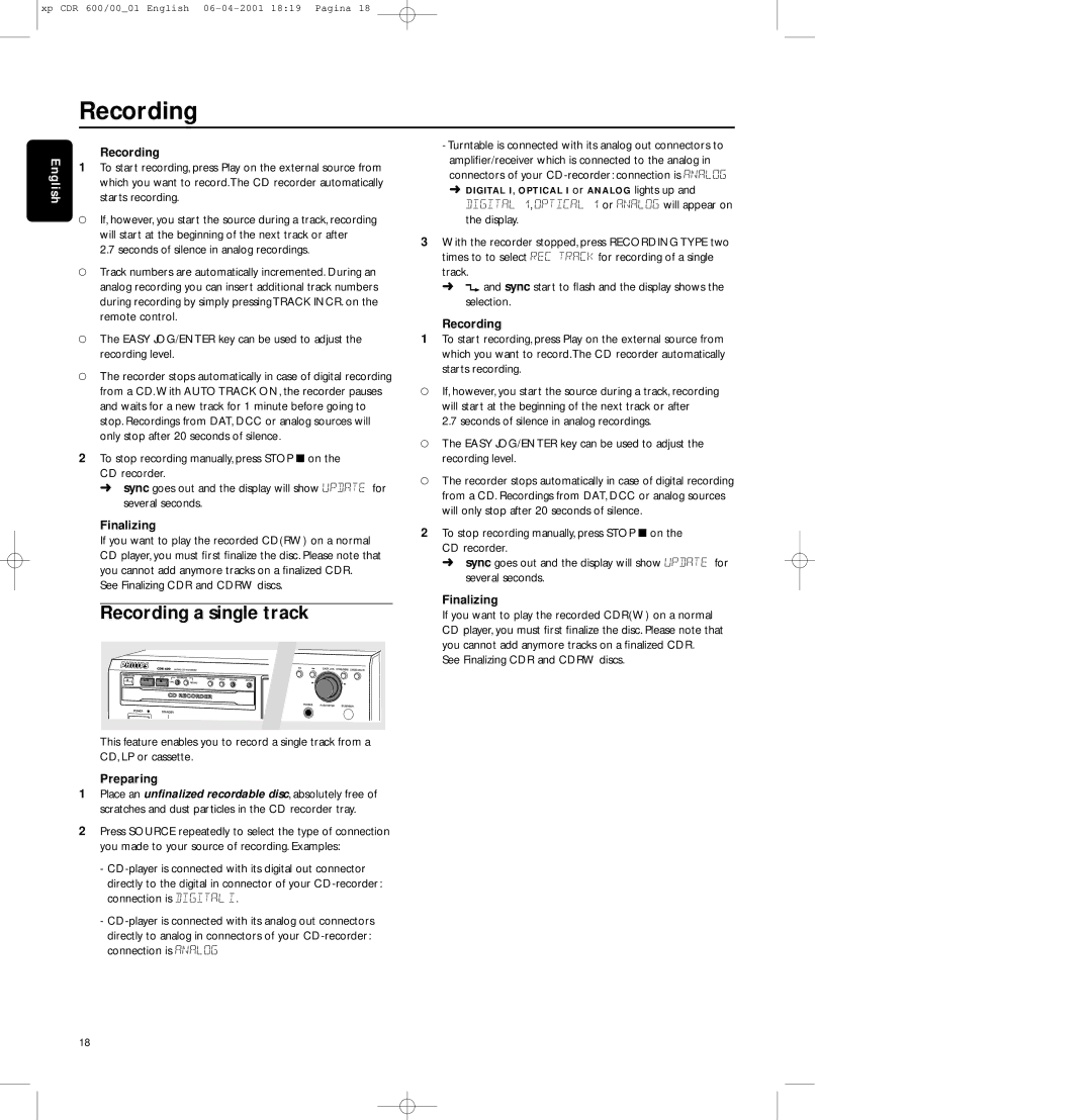 Philips CDR-600 manual Recording a single track, Finalizing 