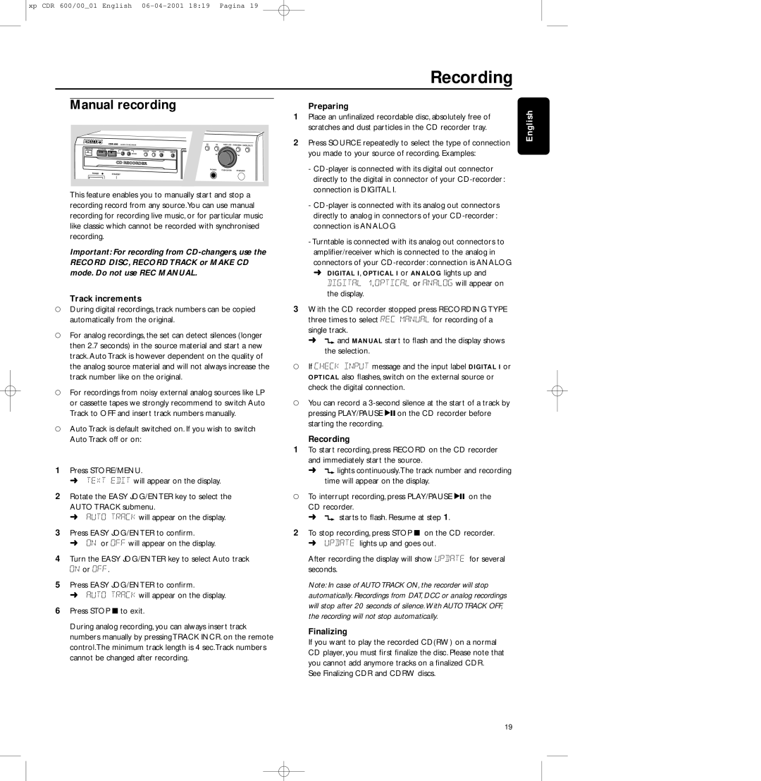 Philips CDR-600 manual Manual recording, Track increments 