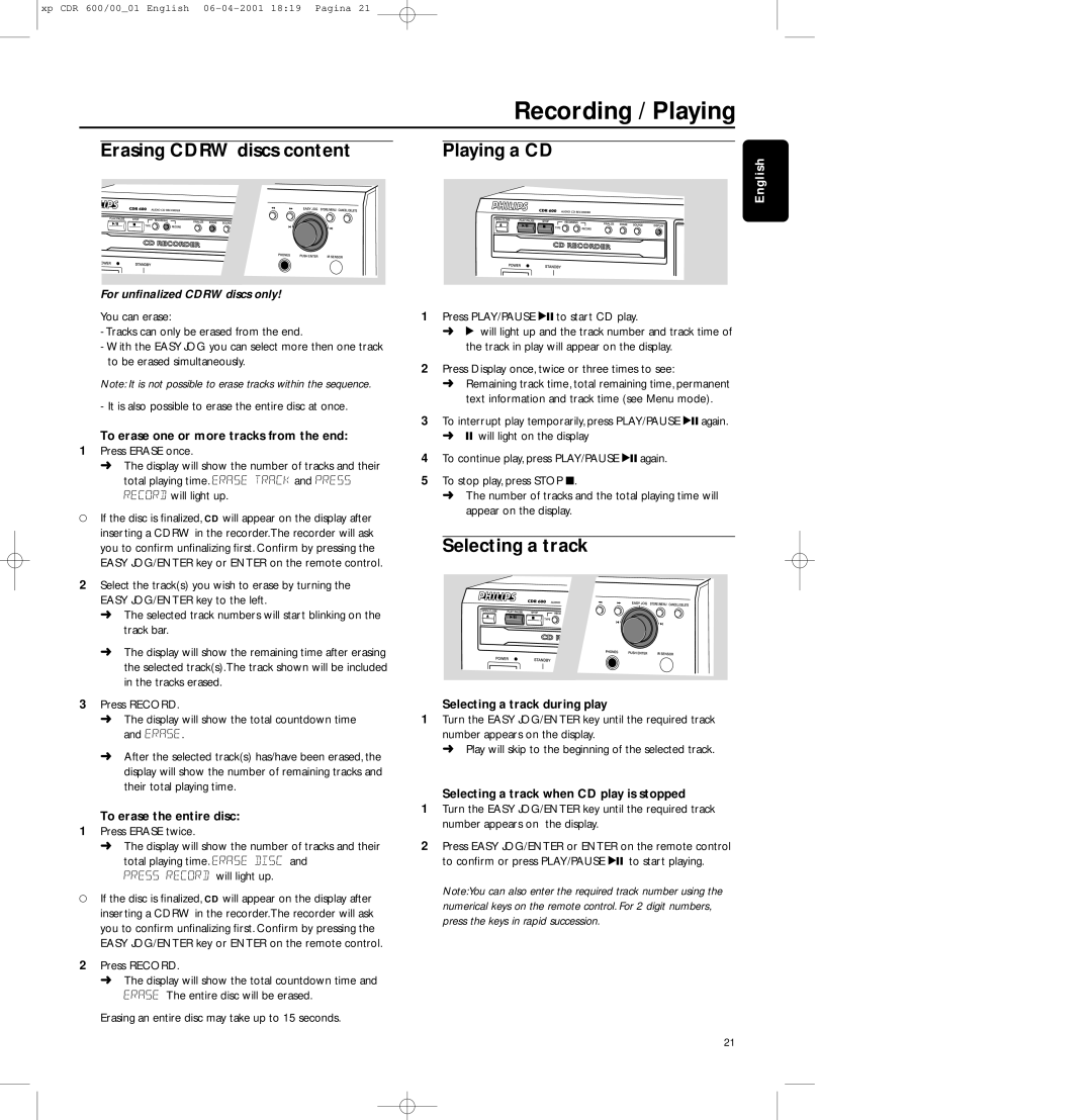 Philips CDR-600 manual Recording / Playing, Erasing Cdrw discs content, Playing a CD, Selecting a track 