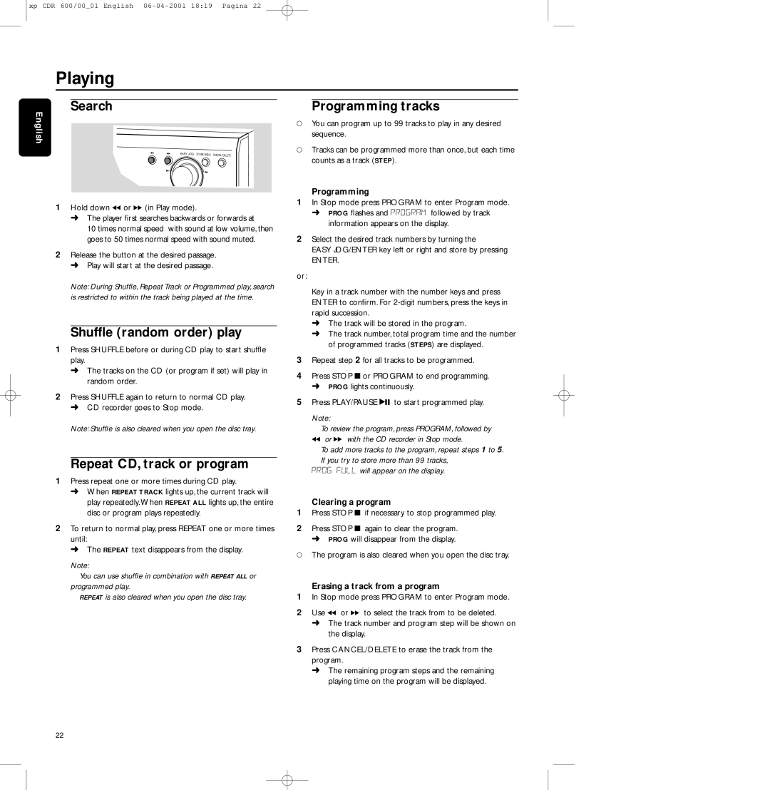 Philips CDR-600 manual Playing, Search, Shufﬂe random order play, Repeat CD, track or program, Programming tracks 