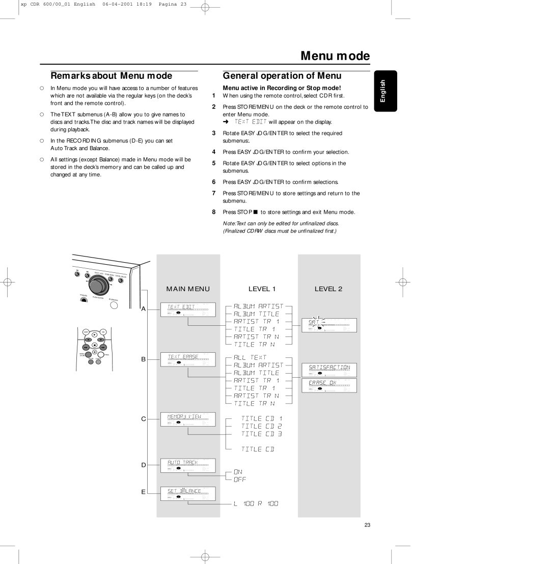 Philips CDR-600 manual Remarks about Menu mode, General operation of Menu, Menu active in Recording or Stop mode 