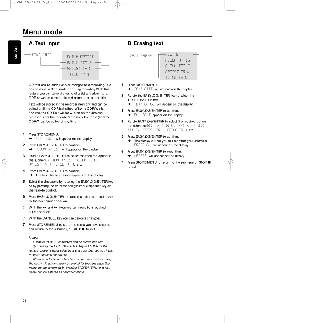 Philips CDR-600 manual Text input, Erasing text 