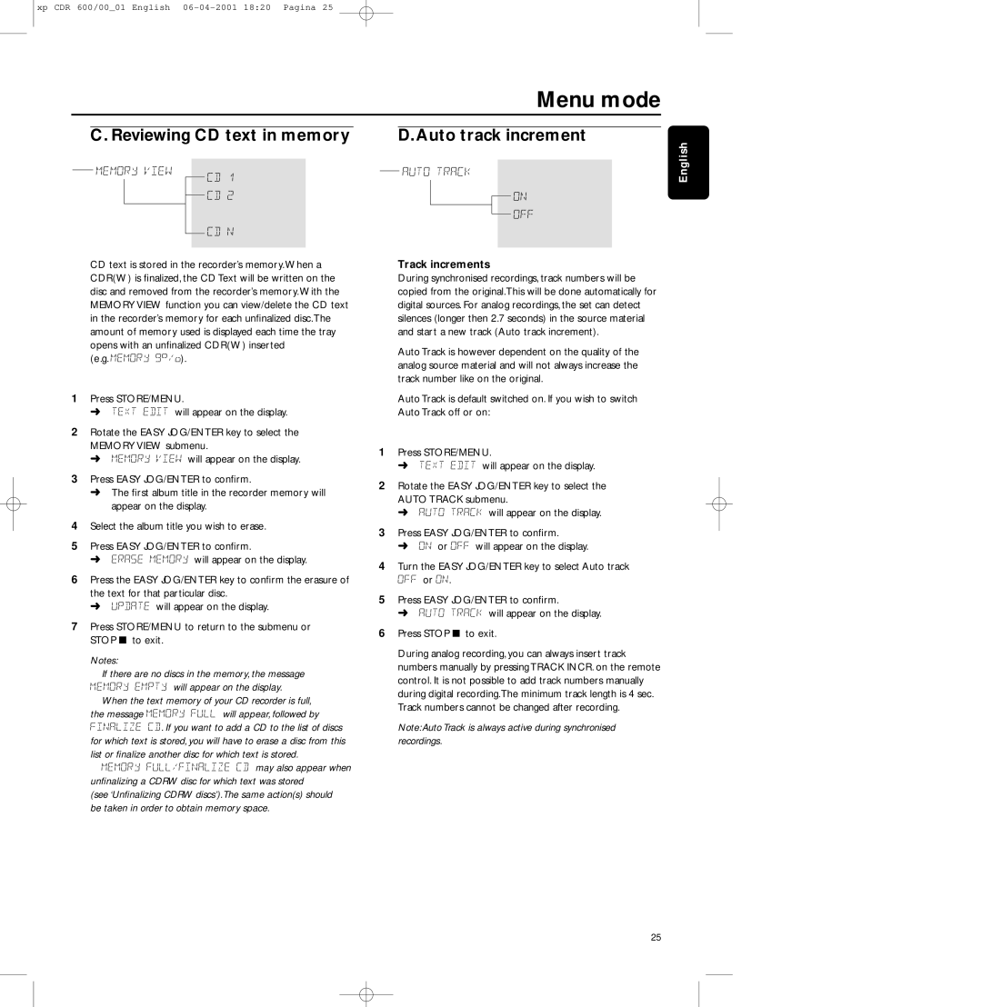 Philips CDR-600 manual Reviewing CD text in memory, Auto track increment 