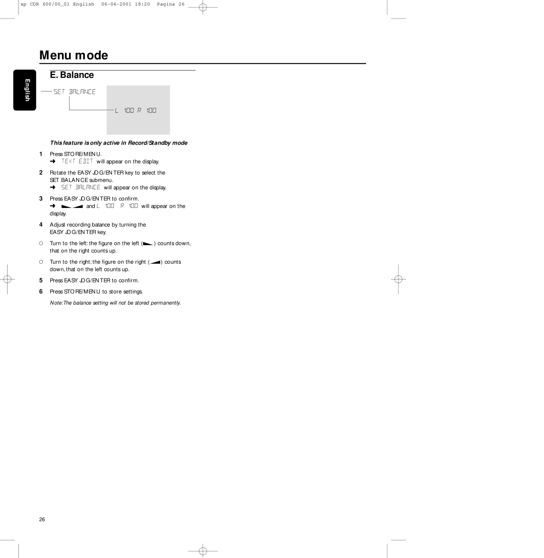 Philips CDR-600 manual Balance, This feature is only active in Record/Standby mode 