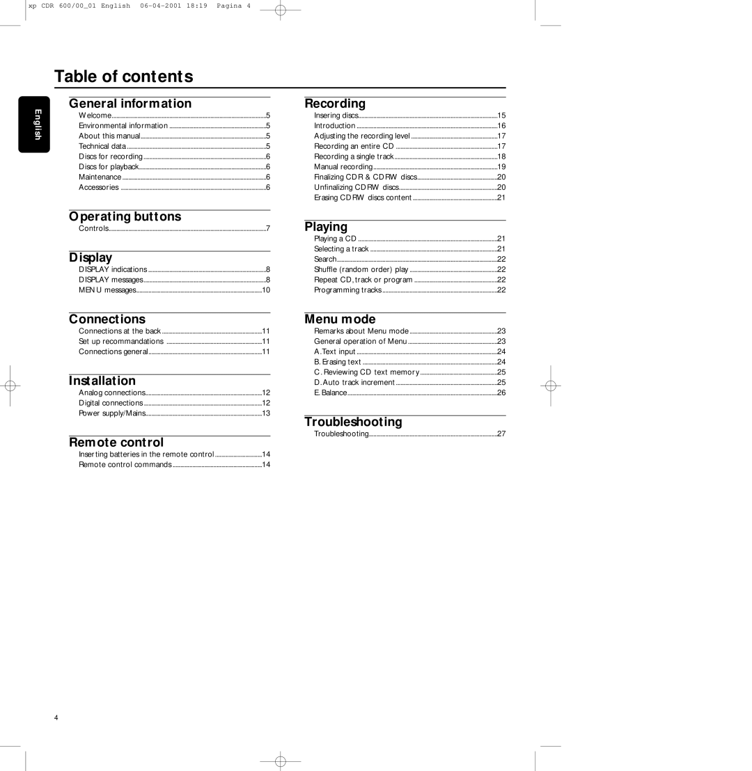 Philips CDR-600 manual Table of contents 