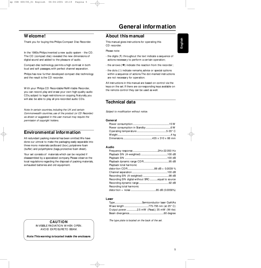 Philips CDR-600 General information, Welcome, Environmental information, About this manual, Technical data 