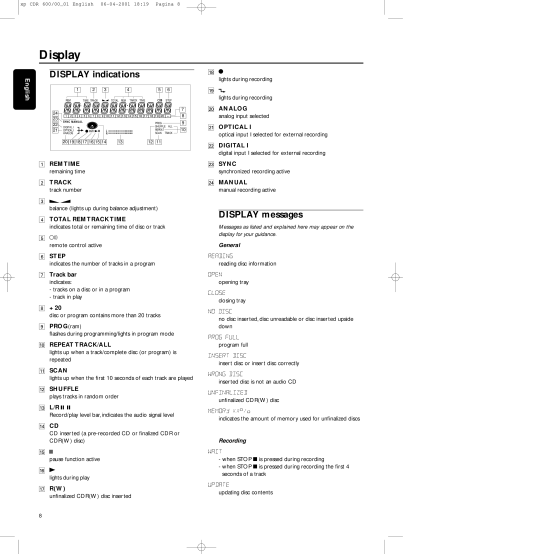 Philips CDR-600 manual Display indications, Display messages, General, Recording 