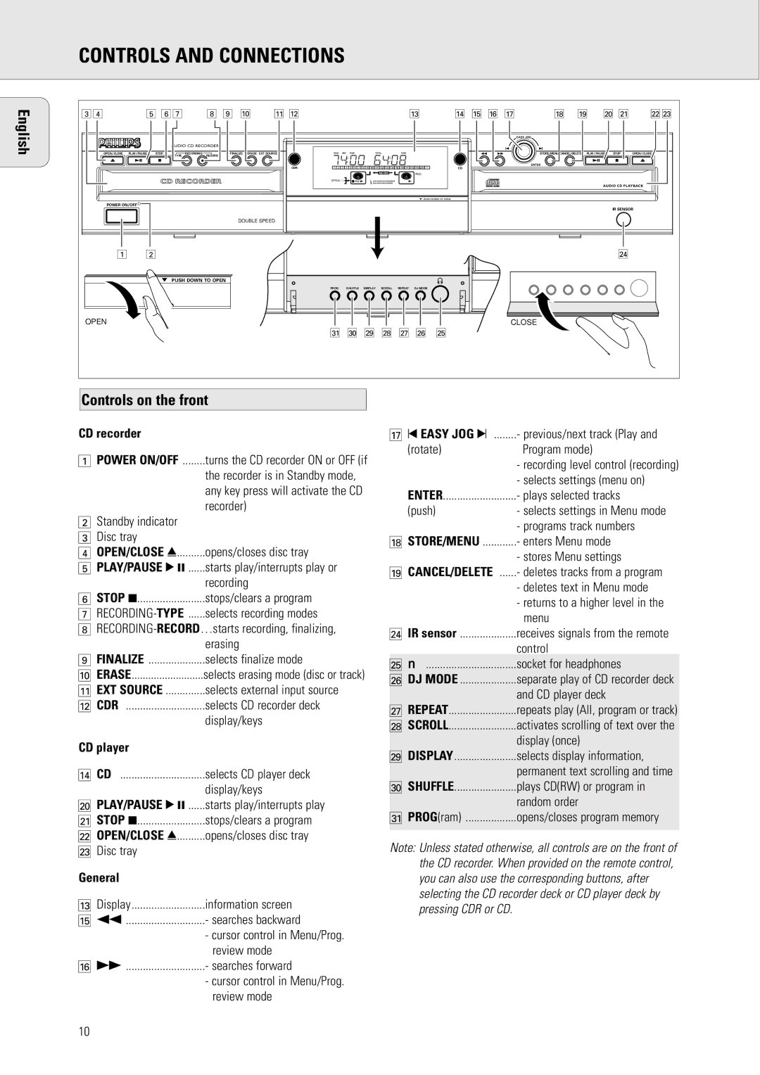 Philips CDR 600/17 manual Controls and Connections, English, Controls on the front, Store/Menu 