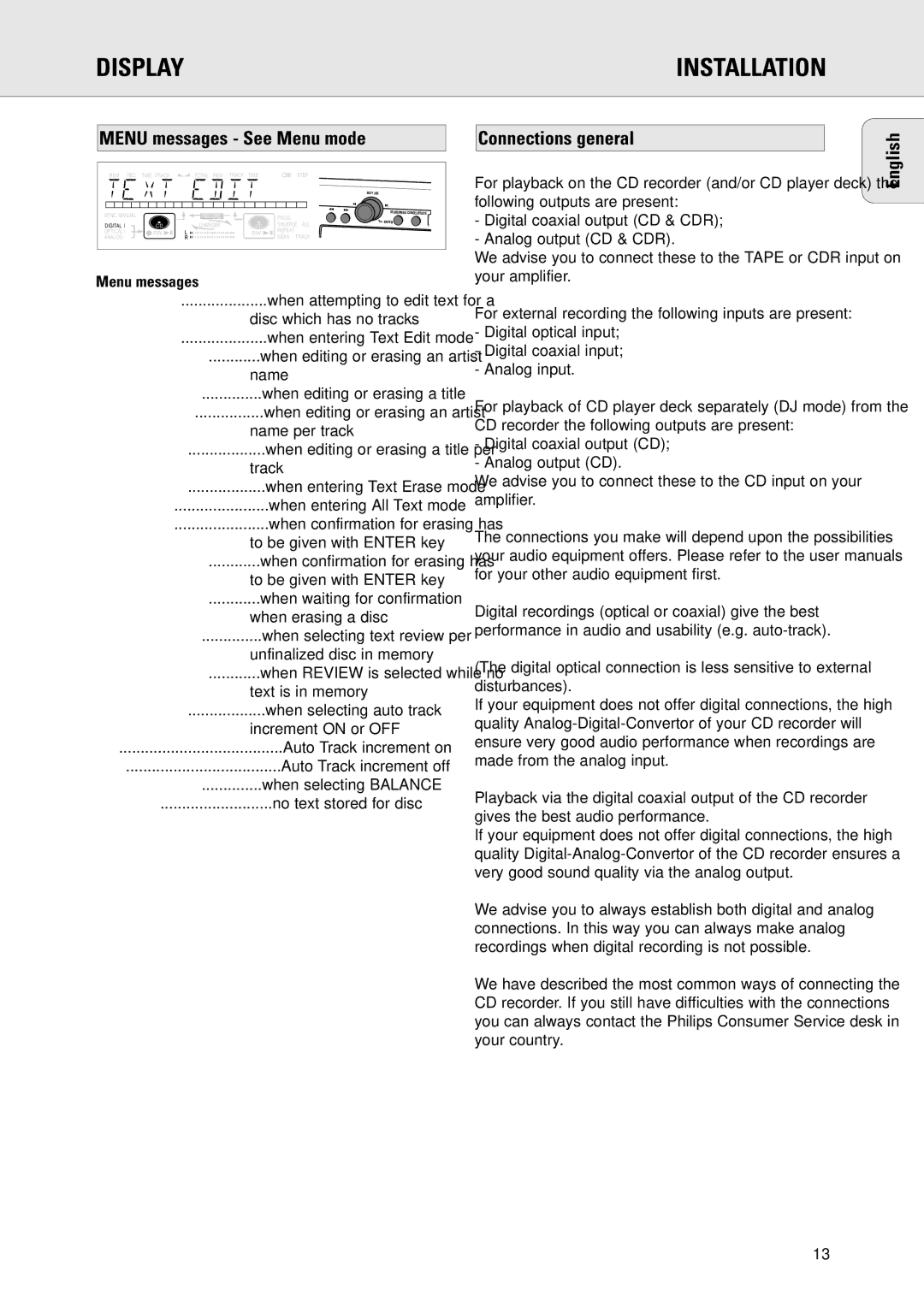 Philips CDR 600/17 manual Display, Installation, Menu messages See Menu mode Connections general English 