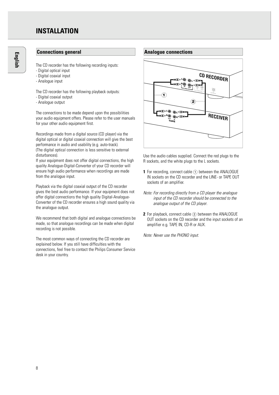 Philips CDR 760 manual Installation, Connections general 