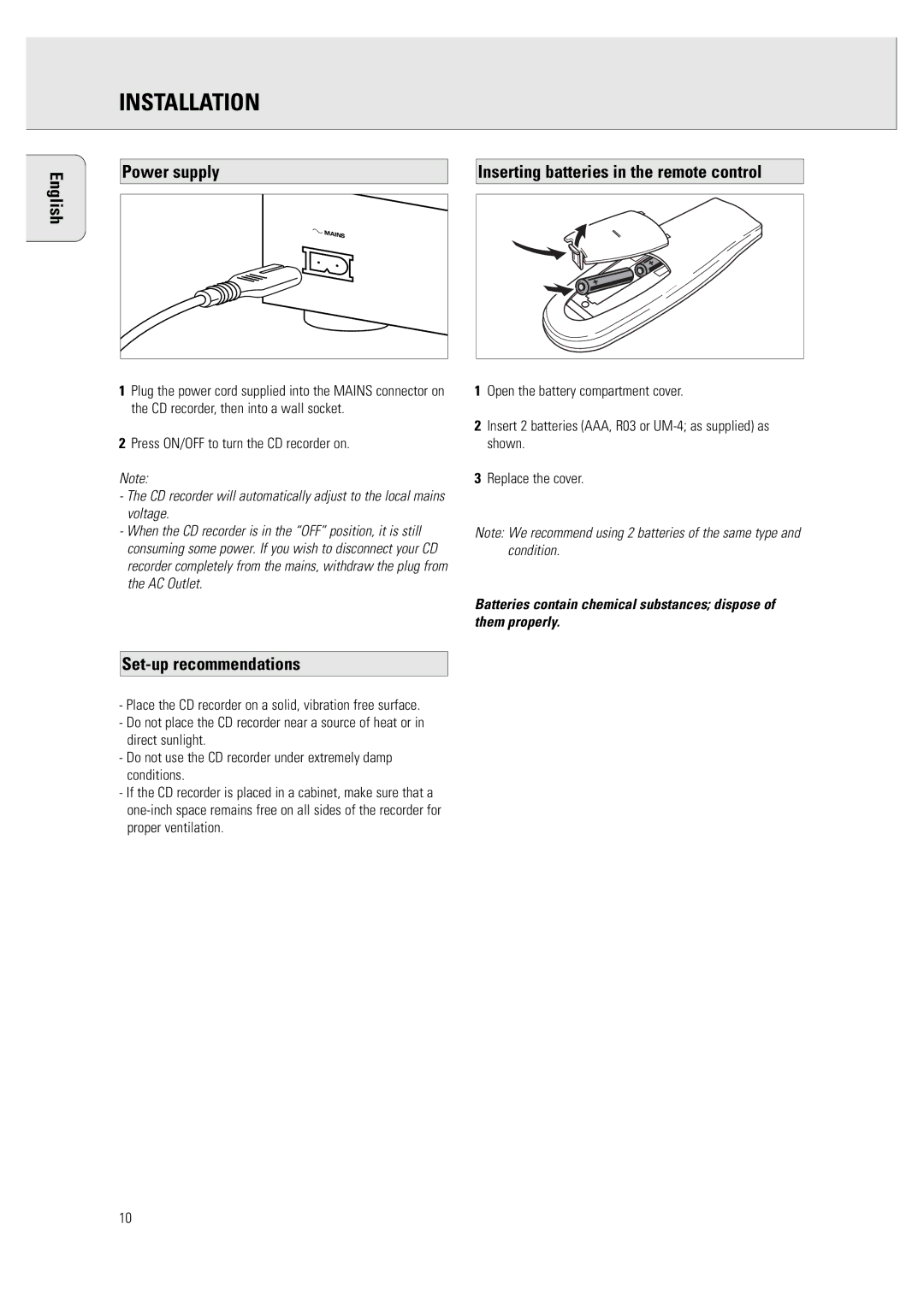 Philips CDR 760 manual Power supply, Set-up recommendations, Press ON/OFF to turn the CD recorder on 