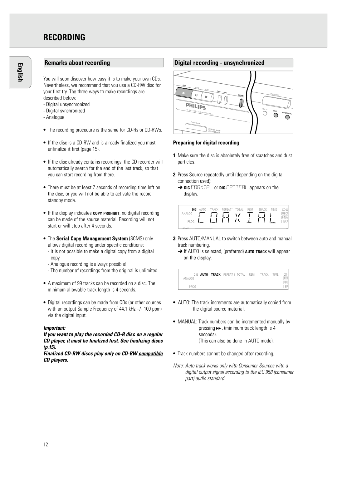 Philips CDR 760 manual Recording, English Remarks about recording, Digital recording unsynchronized 