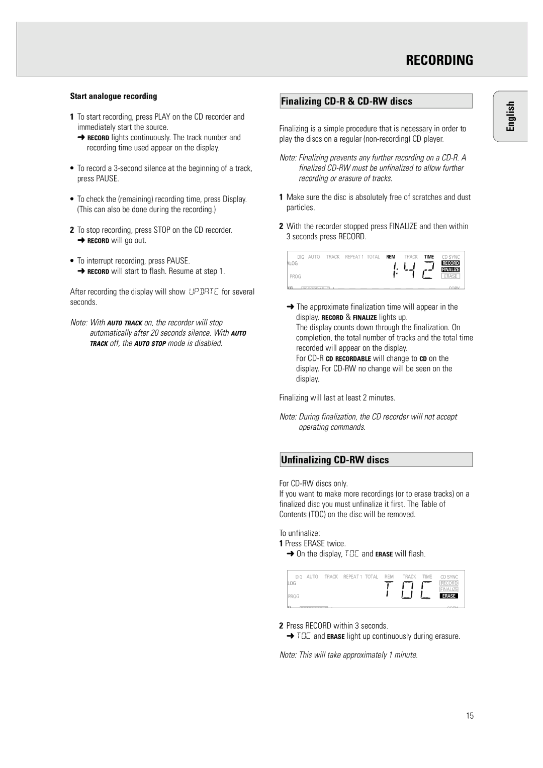 Philips CDR 760 manual English Unfinalizing CD-RW discs, Start analogue recording, For CD-RW discs only 