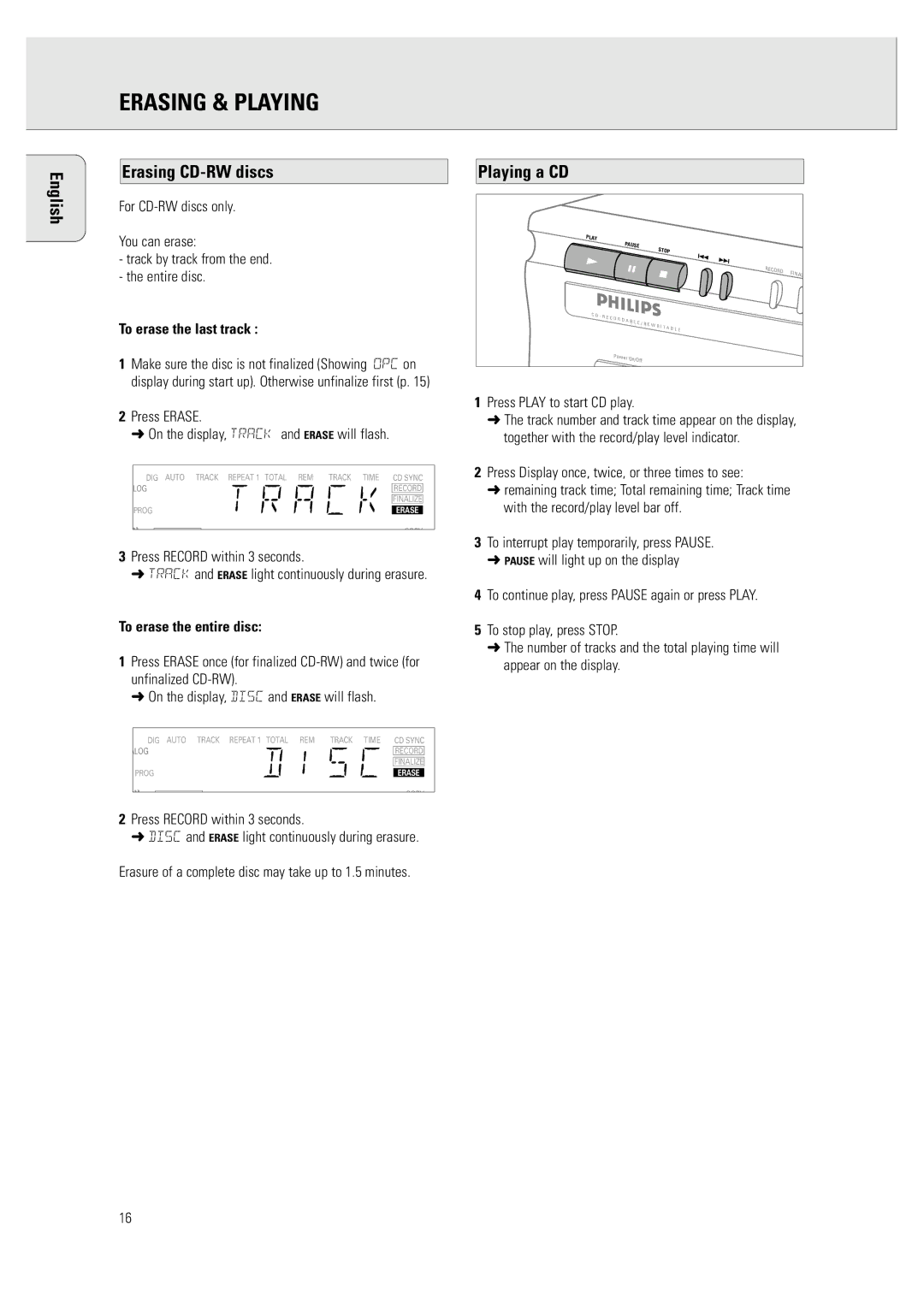 Philips CDR 760 Erasing & Playing, Erasing CD-RW discs, Playing a CD, To erase the last track, To erase the entire disc 