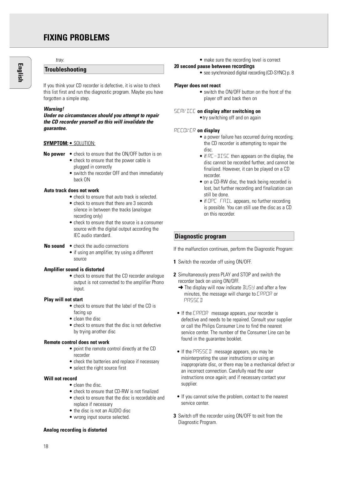 Philips CDR 760 manual Fixing Problems, Troubleshooting, Diagnostic program 