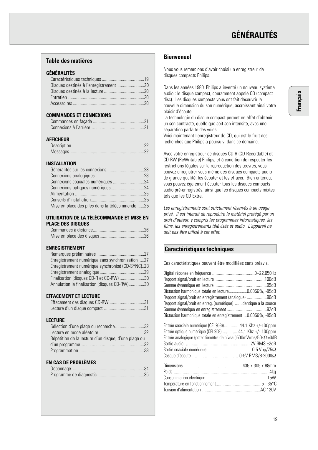 Philips CDR 760 manual Généralités, Table des matières, Bienvenue, Caractéristiques techniques, Français 