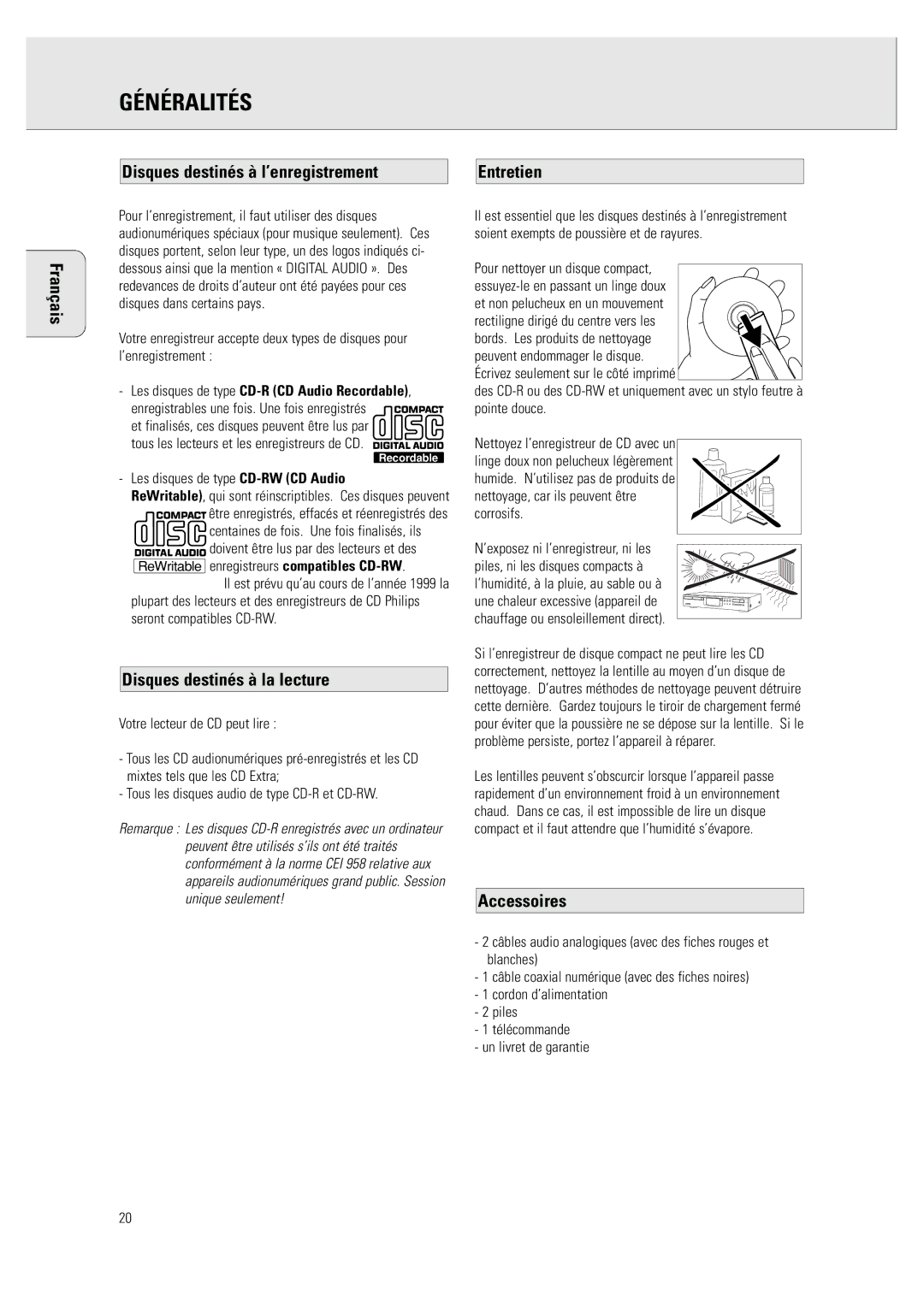 Philips CDR 760 manual Disques destinés à l’enregistrement Entretien Français, Disques destinés à la lecture, Accessoires 