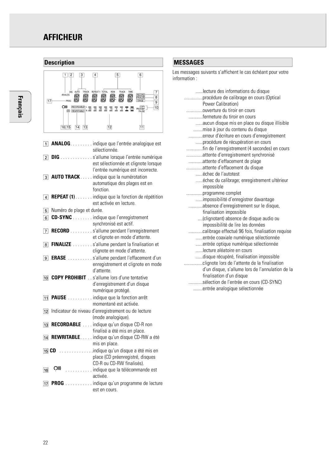 Philips CDR 760 manual Afficheur, Description 