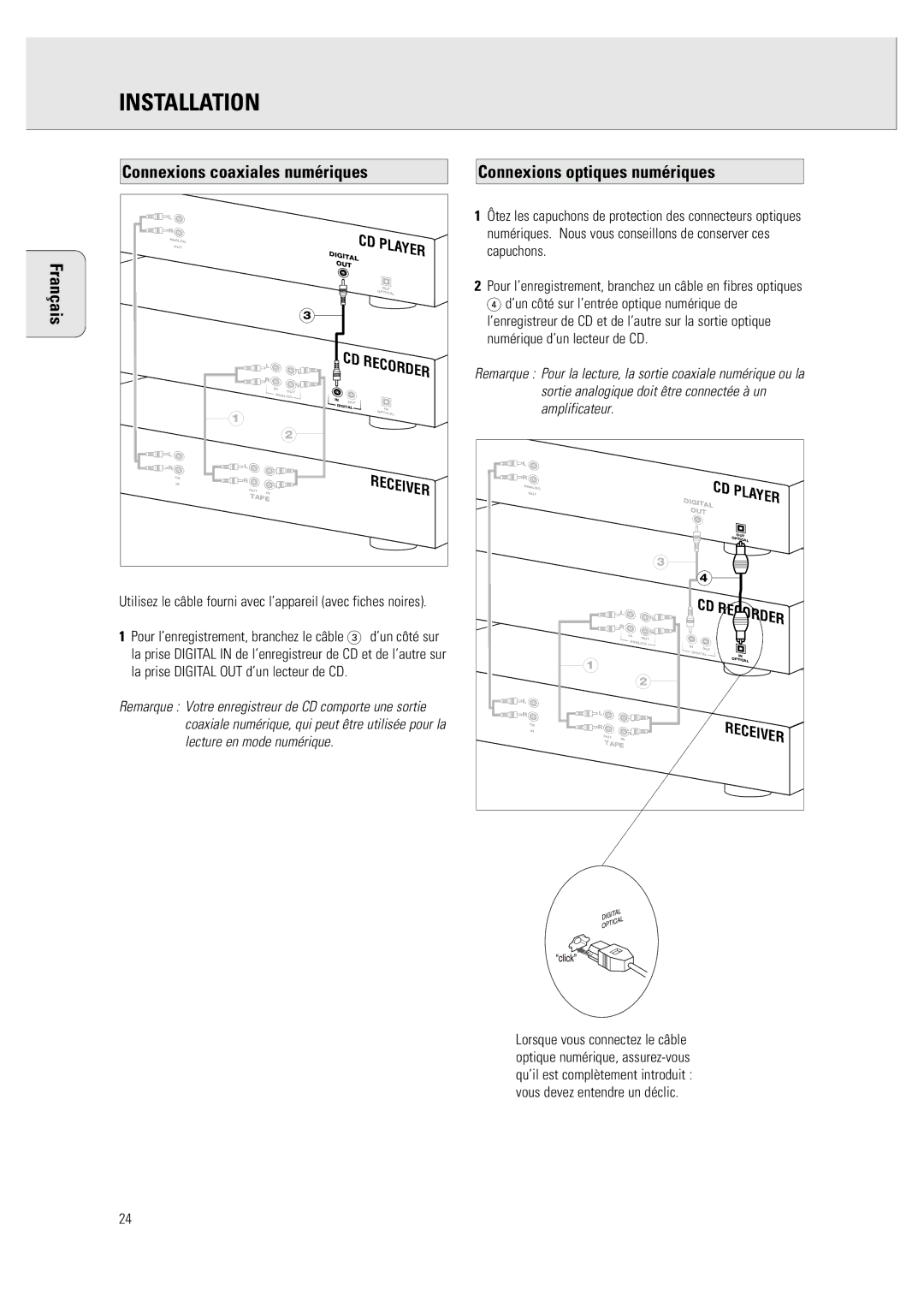 Philips CDR 760 manual Utilisez le câble fourni avec l’appareil avec fiches noires 