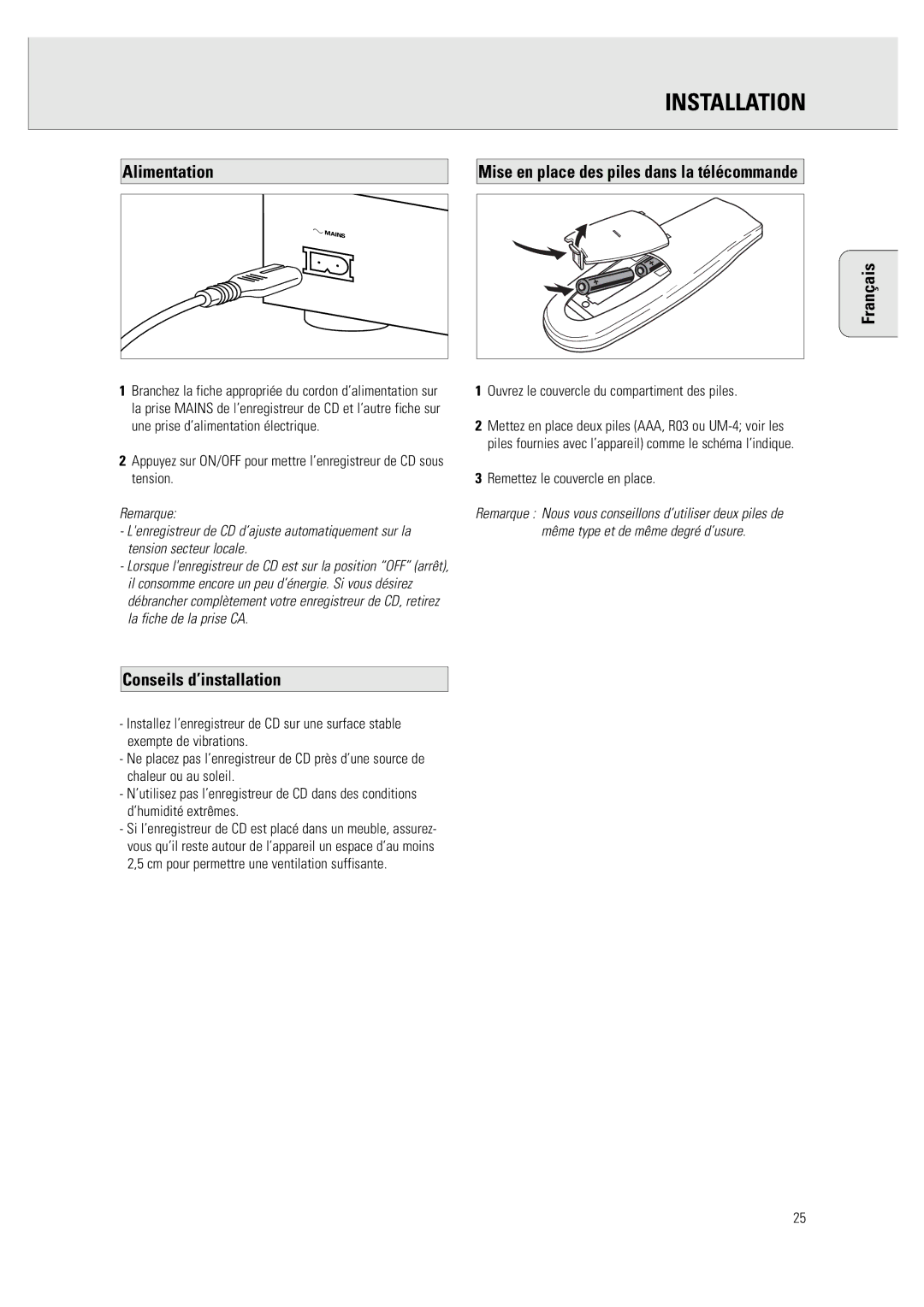 Philips CDR 760 Conseils d’installation, Ouvrez le couvercle du compartiment des piles, Remettez le couvercle en place 