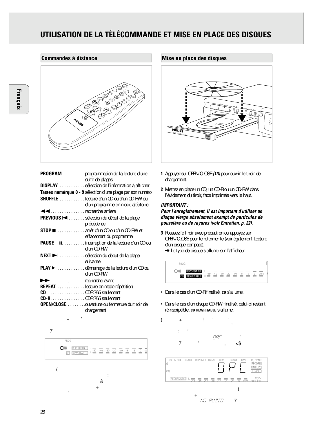 Philips CDR 760 manual Français Commandes à distance, Mise en place des disques, Recherche avant, Chargement 