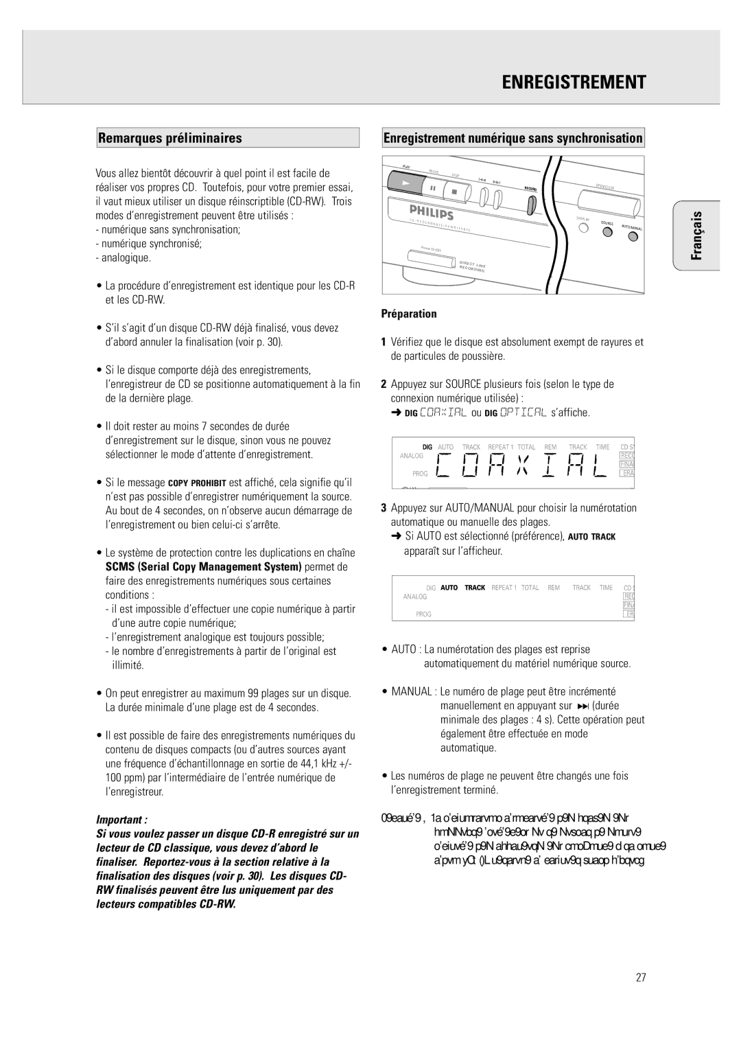 Philips CDR 760 manual Enregistrement, DIG Coaxial ou DIG Optical s’affiche 