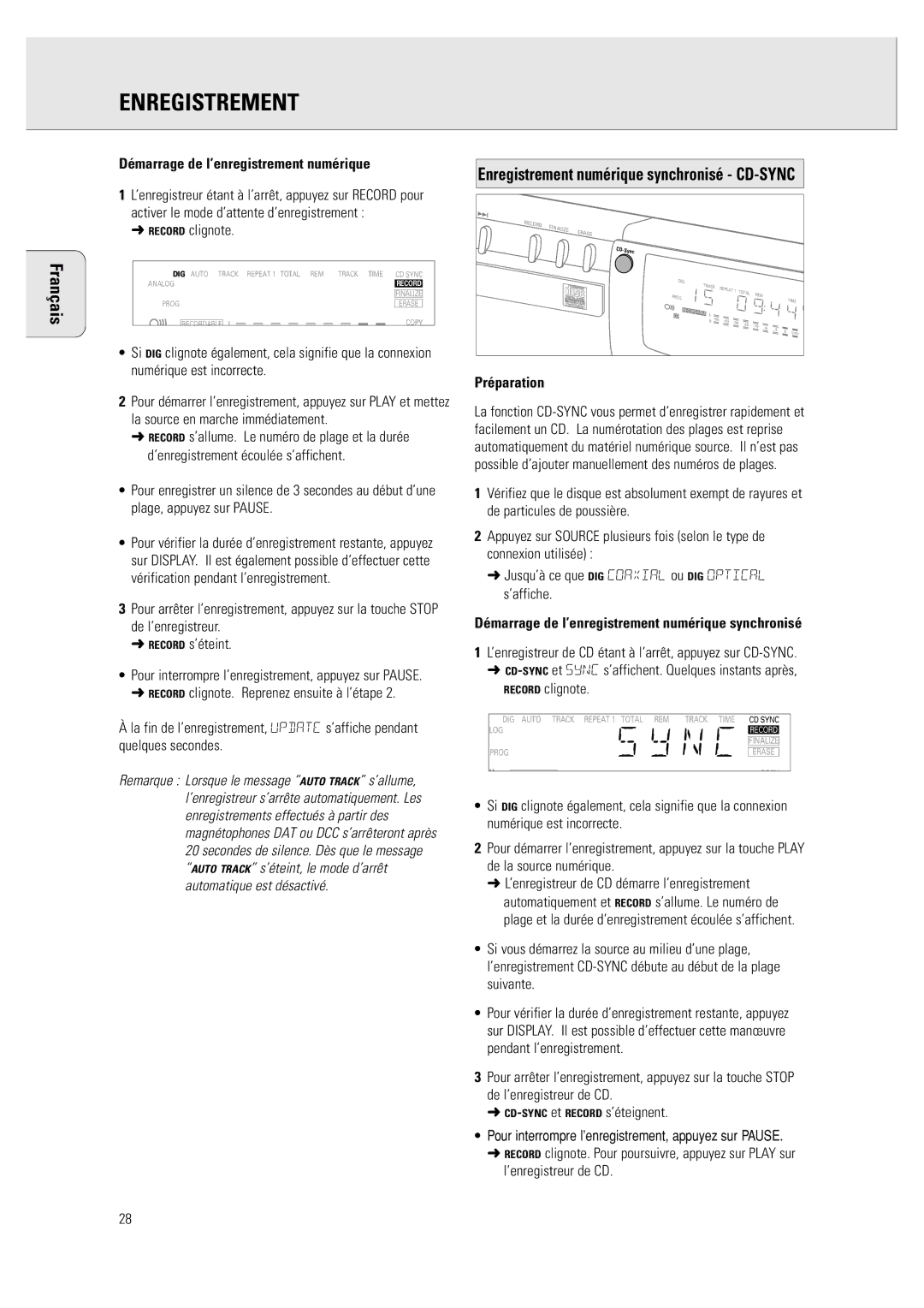 Philips CDR 760 Enregistrement numérique synchronisé CD-SYNC, Démarrage de l’enregistrement numérique, Record clignote 