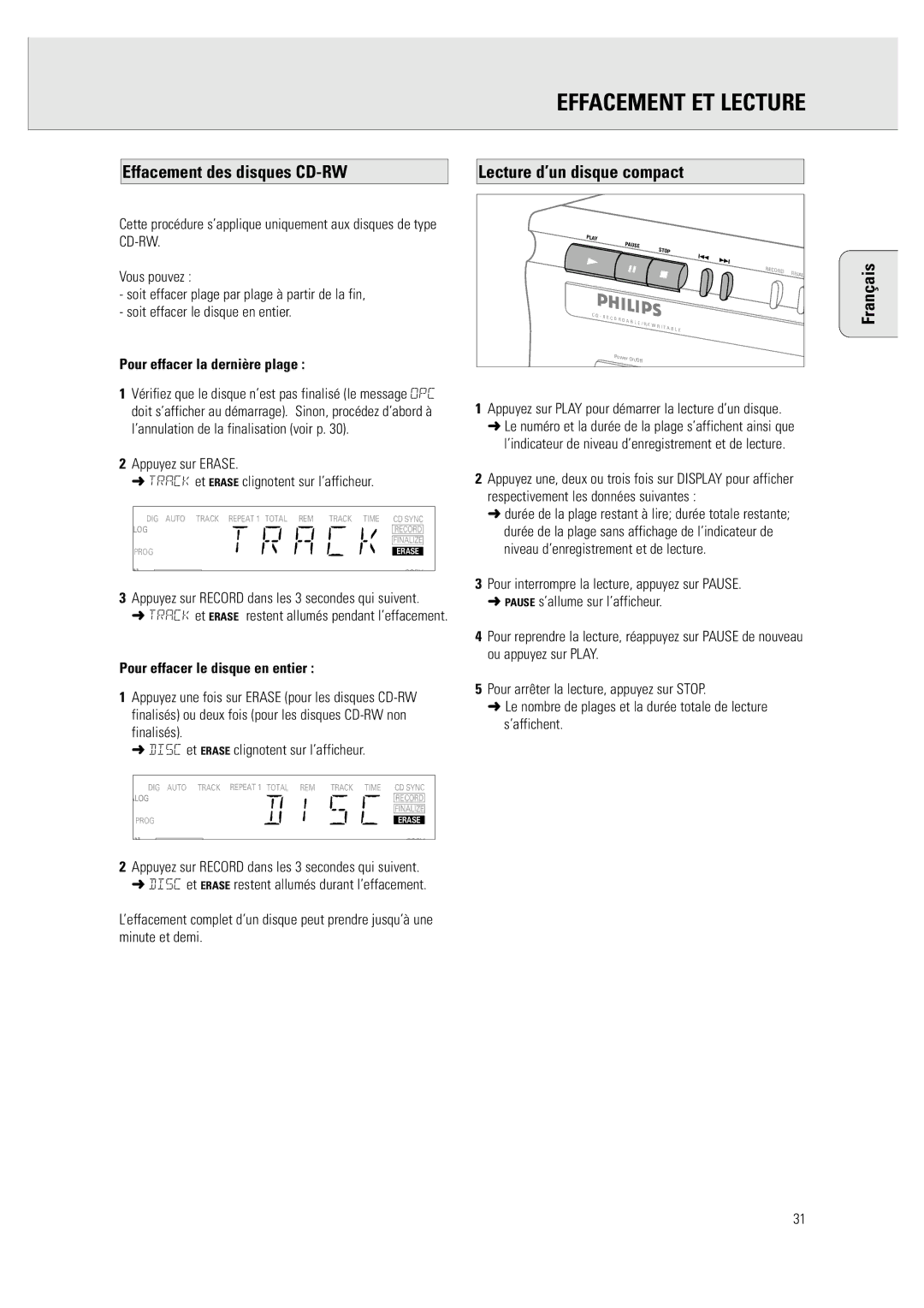 Philips CDR 760 manual Effacement ET Lecture, Effacement des disques CD-RW, Lecture d’un disque compact 