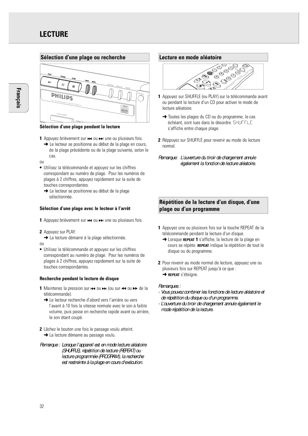 Philips CDR 760 manual Sélection d’une plage ou recherche, Lecture en mode aléatoire 