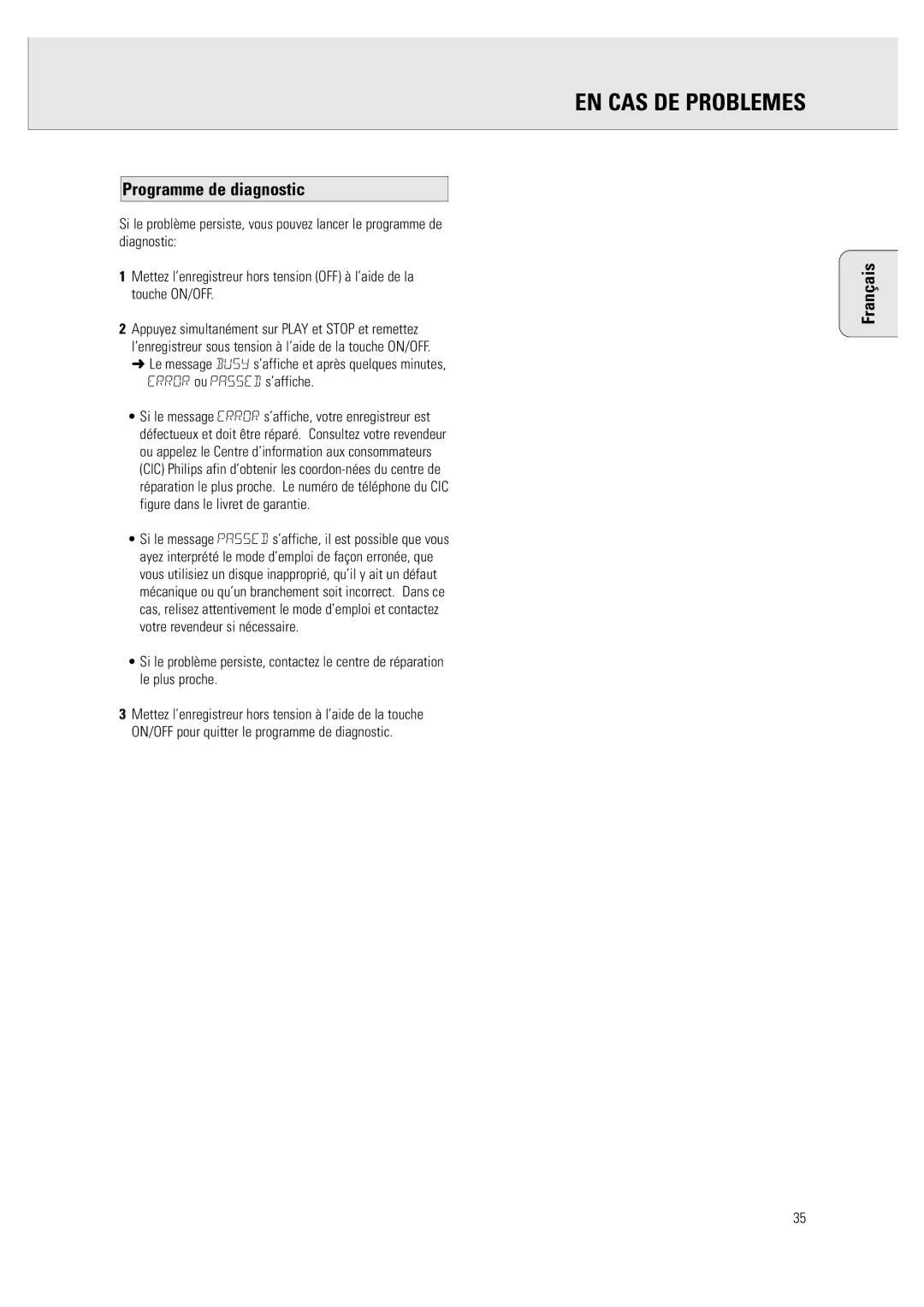 Philips CDR 760 manual Programme de diagnostic 