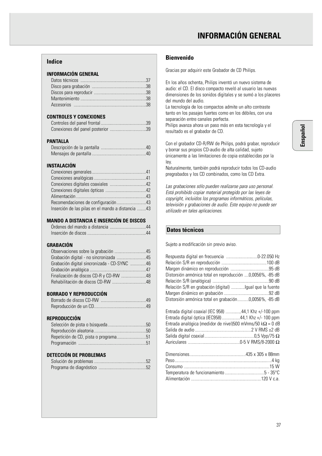 Philips CDR 760 manual Información General, Indice, Bienvenido, Datos técnicos, Enspañol 