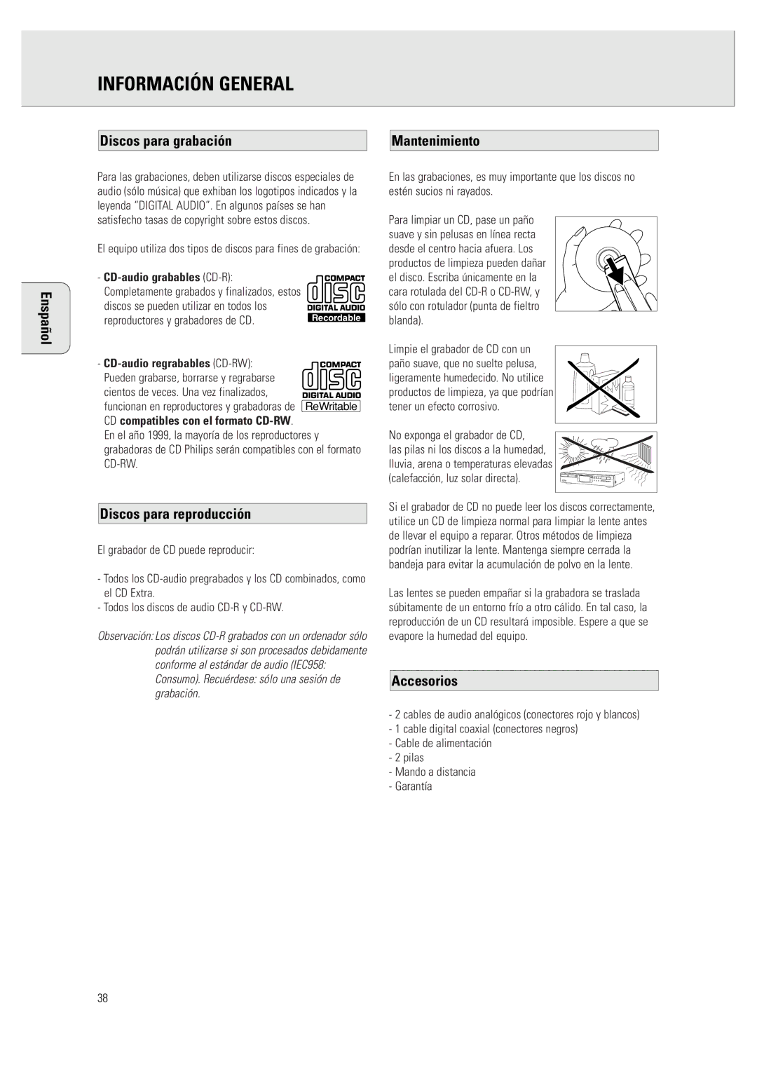 Philips CDR 760 manual Discos para grabación Mantenimiento Enspañol, Discos para reproducción, Accesorios 