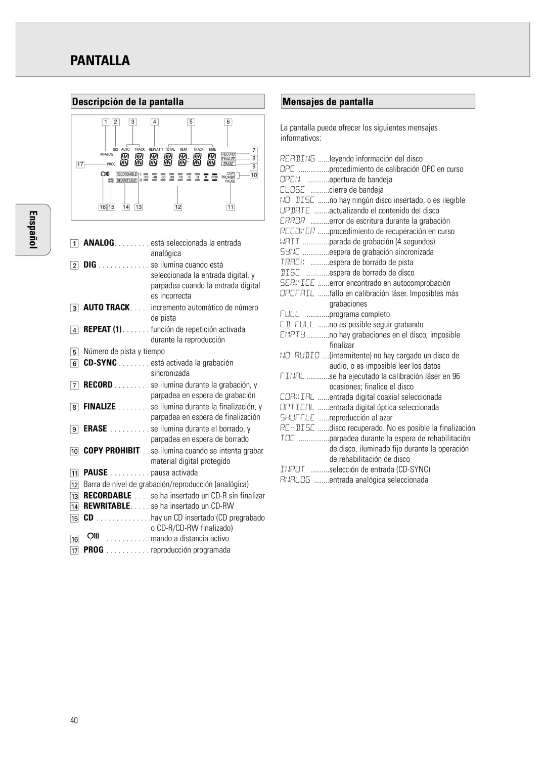 Philips CDR 760 manual Pantalla, Descripción de la pantalla, Mensajes de pantalla 