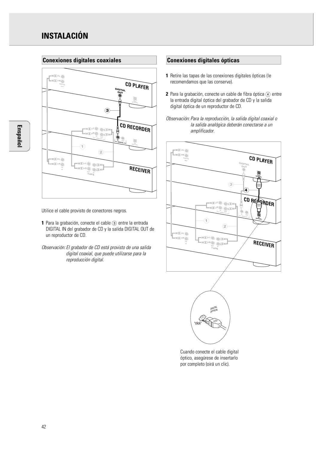 Philips CDR 760 manual Conexiones digitales coaxiales, Conexiones digitales ópticas, Digital óptica de un reproductor de CD 