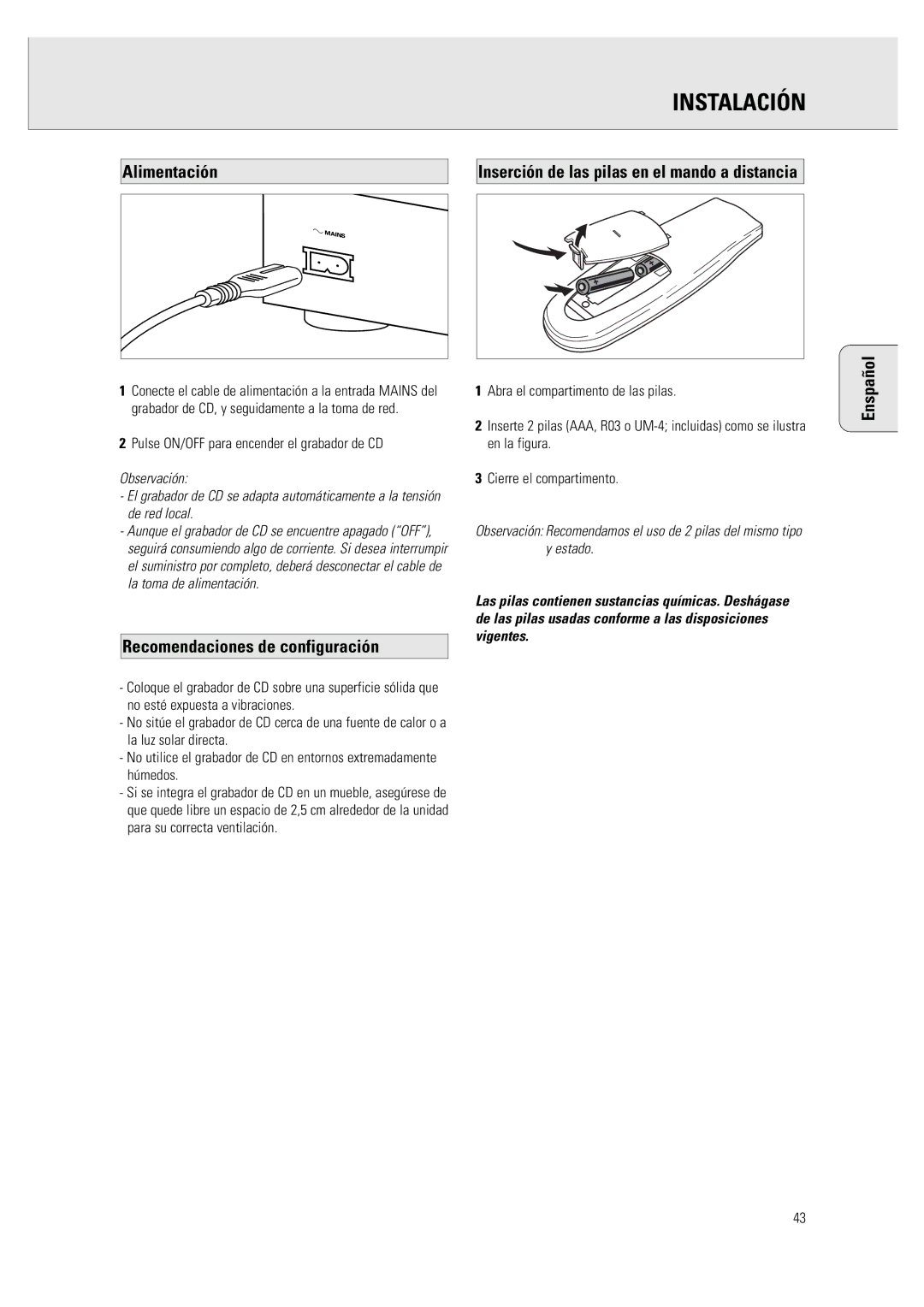 Philips CDR 760 manual Alimentación, Recomendaciones de configuración, Pulse ON/OFF para encender el grabador de CD 